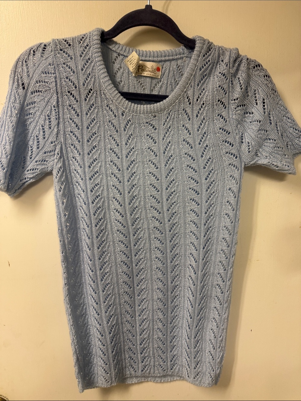 Leslie Fay Light Blue Open-Knit Crew Neck Sweater